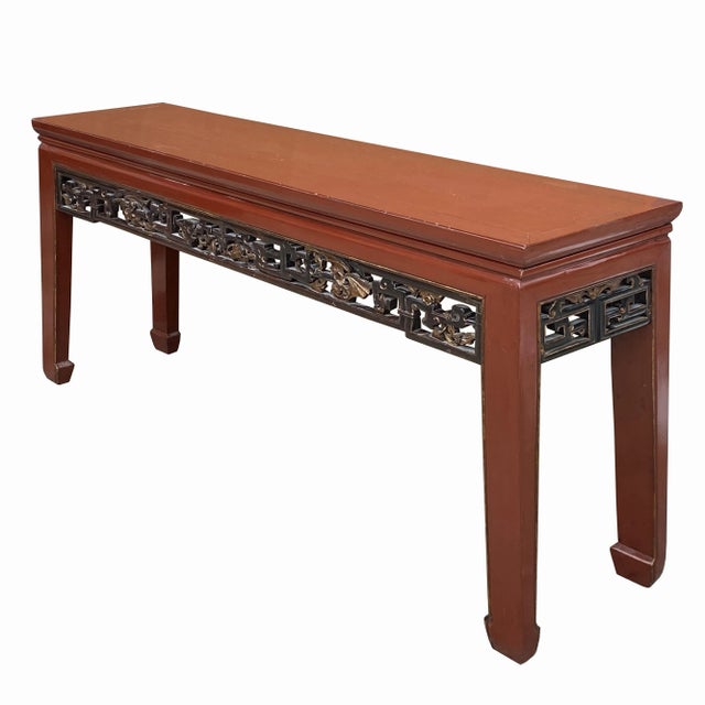 1960s Chinese Vintage Brick Red Relief Ru Yi Carving Long Altar Console Table For Sale - Image 5 of 7