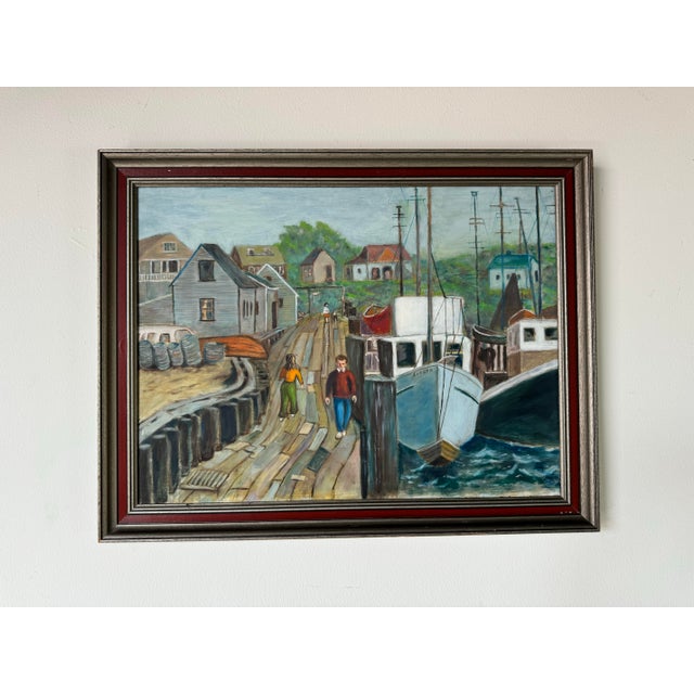 Mid-Century Modern 1960's Dan Steinberg Harbor Stroll - Landscape Scene Oil Painting, Framed/ Sold For Sale - Image 3 of 12