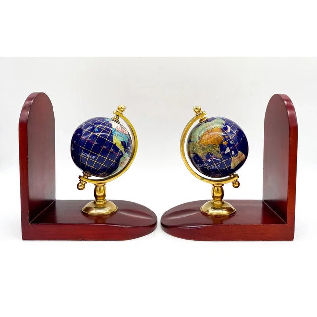 Contemporary Vintage Semi-Precious Stone Globes on Wood Bookends- A Pair For Sale - Image 3 of 10