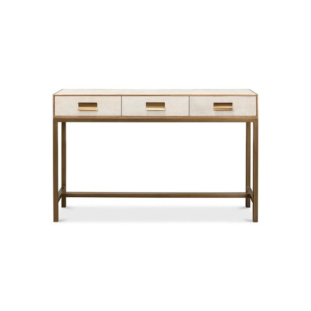 Modern Osprey White Leather Wrapped Console with gilt trim, three frieze drawers with marbleized interiors, brass handles...