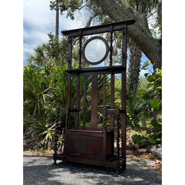 Antique Barley Twist Hall Tree With Mirror, Storage Bench & Umbrella Stands For Sale In Tampa - Image 6 of 8