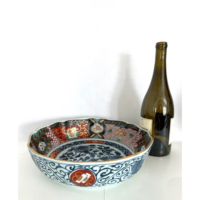 Vintage Japanese Imari Red, Blue and White Decorative Large Porcelain Bowl With Gold Detailing For Sale - Image 9 of 10