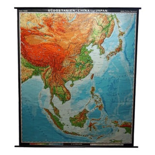 Vintage Southeast Asia China Japan Wall Chart Rollable Map For Sale