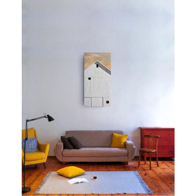 Summer Sunrise by Justin Wheatley | Acrylic on Canvas White Barn With Peach Sky For Sale - Image 10 of 11