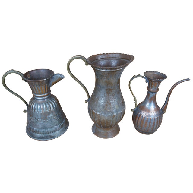 Antique Egyptian Hammered Copper Water Can Jug Pitchers Set- 3 Pieces For Sale - Image 11 of 11