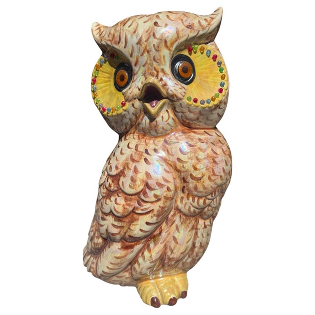 Striking large vintage Mexican folk-art owl sculpture, attributed to the pottery tradition of Tonalá, Jalisco, Mexico, and...