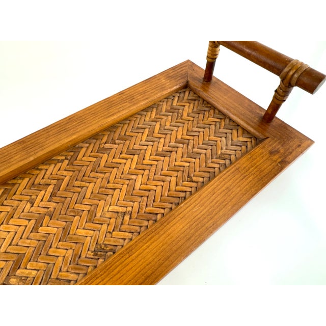 Vintage Rattan-Wrapped Wood Serving Tray With Herringbone Woven Base For Sale - Image 4 of 15