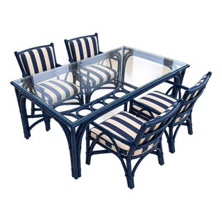 Antique Navy Rattan Dining Table & Four Chairs With Blue & White Stripe For Sale