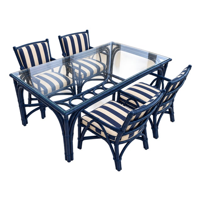 Antique Navy Rattan Dining Table & Four Chairs With Blue & White Stripe For Sale