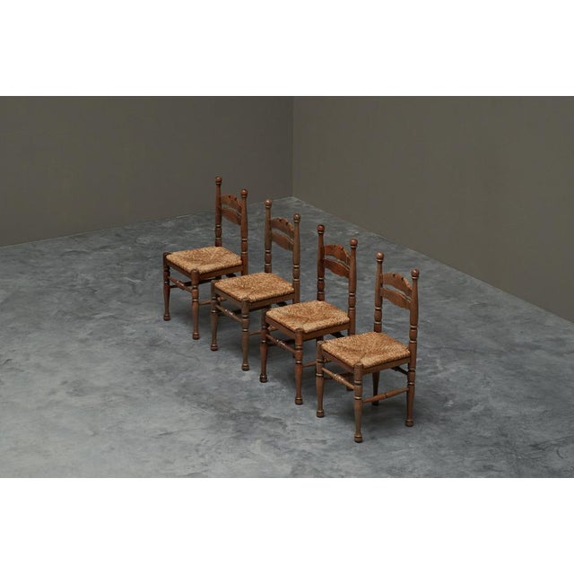 Whimsical Chairs in Oak and Rush, 1940s, Set of 4 For Sale - Image 10 of 13