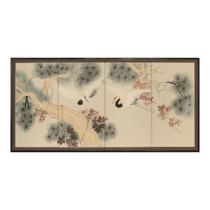 C. 1960s Chinoiserie Style Painted Screen With Red-Crowned Cranes