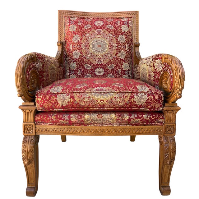 A beautifully carved armchair by Sherrill with elegant scroll arms and rosette details. The frame has a great presence,...