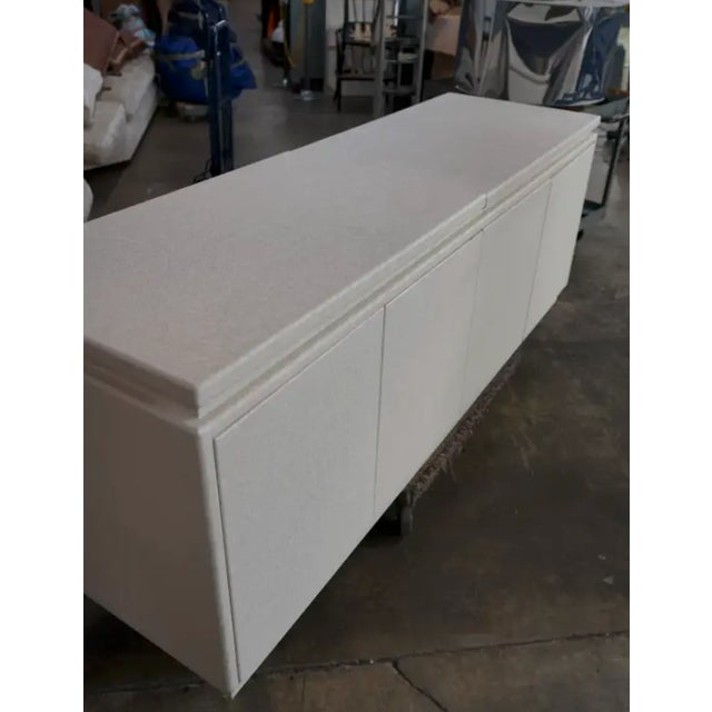Late 20th Century Contemporary Painted Raffia Motorized Lift Bar Cabinet | Illuminated Entertaining Credenza | Hidden Cocktail Station For Sale - Image 12 of 15