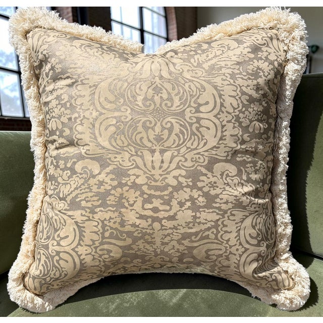 1990s Mariano Fortuny Silver & Beige Damask Designer Pillow - 1 of 2 For Sale - Image 5 of 5