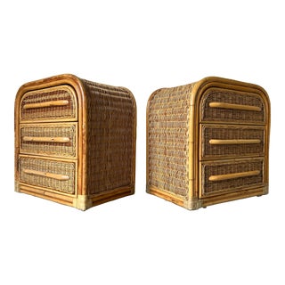Vintage Coastal Organic Bamboo and Rattan Three - Drawers Waterfall Top Nightstands - a Pair For Sale