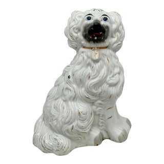Rare & Unusual Large Antique English Staffordshire Pottery Dog With Blue Eyes - Irises Circa Mid 1800s For Sale