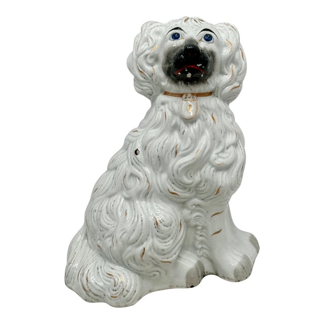 Rare & Unusual Large Antique English Staffordshire Pottery Dog With Blue Eyes - Irises Circa Mid 1800s For Sale