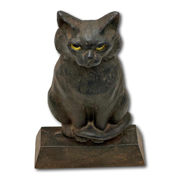 Metal Rare & Unusual Large 13 Inch Tall Antique Cast Iron Seated Cat Doorstop With Realistic Glass Eyes Circa 1920s For Sale - Image 7 of 18
