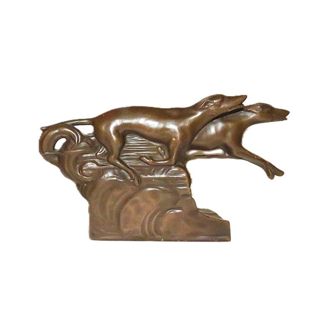 Mid-Century Modern Pair of Art Deco Stylized Patinated Bronze Greyhound Dog Bookends For Sale - Image 3 of 4