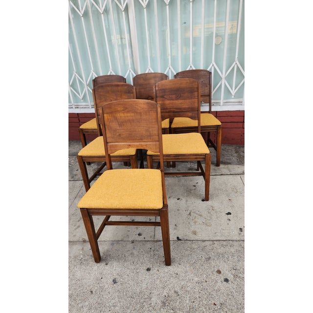 Mid-Century Modern Wood Dining Chairs With Yellow Upholstery For Sale - Image 4 of 12