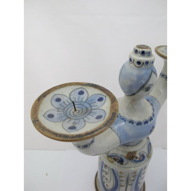 Ken Edwards El Palomar Blue Tonala Mexico Folk Figural Pottery 2 Arm Candelabra For Sale - Image 4 of 11