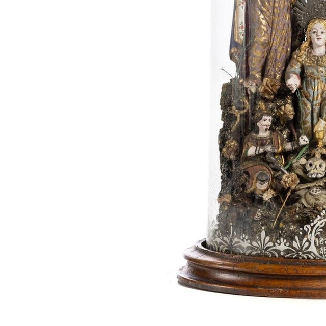 Portuguese Artist, Sacred Calvary, 19th Century, Polychrome and Gilded Wood with Glass Dome For Sale - Image 3 of 6