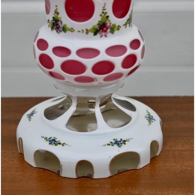 Vintage Pair of Moser? Bohemian Cased Glass Cranberry & White Hand Painted Vases For Sale - Image 12 of 13
