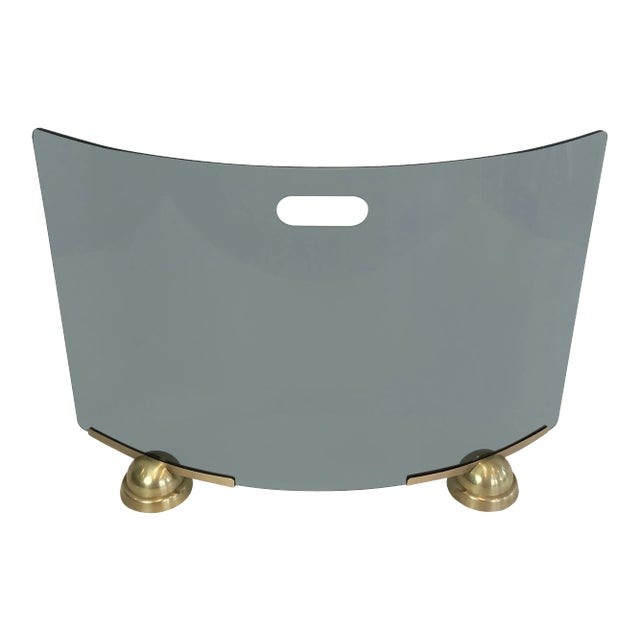 Fontana Arte, Modernist Curved Blue Glass and Brass Fire Place Screen, Italy For Sale