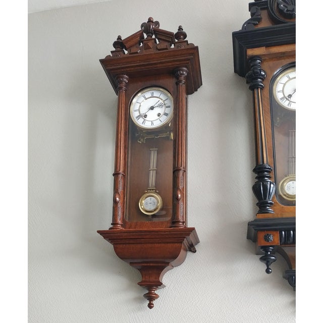 1891 Wall Clock With Pendulum and Finials, Wooden Mechanical Chiming Regulator Lenzkirch From Germany Black Forest For Sale - Image 6 of 8