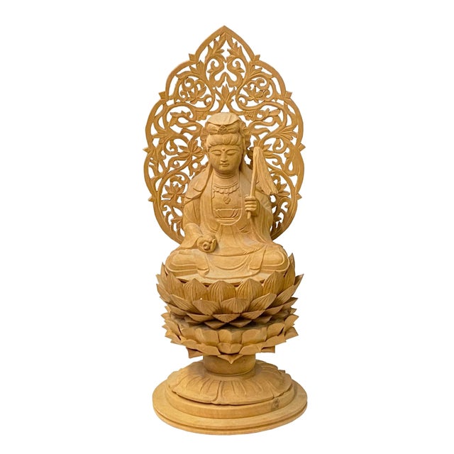 Wood Chinese Sandal Wood Lotus Base Kwan Yin Bodhisattva Statue For Sale - Image 7 of 7