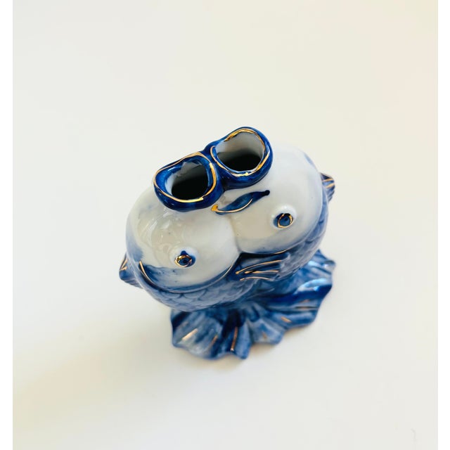 Ceramic Blue and White Porcelain Kissing Koi Fish Vase For Sale - Image 7 of 12