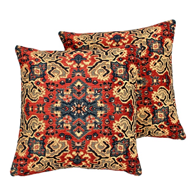 Custom 24" X 24" Chenille Heriz Persian Rug Feather/Down Pillows, Pair For Sale