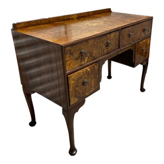 1910s Edwardian Burl Walnut Vanity With Chair - Set of 2 For Sale
