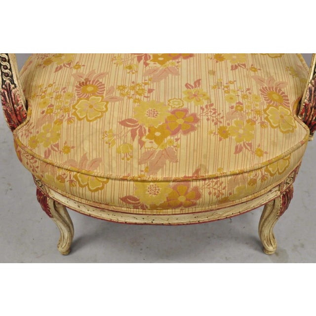 Vintage French Louis XV Style Cream and Red Painted Low Boudoir Fauteuil Chair For Sale - Image 11 of 12