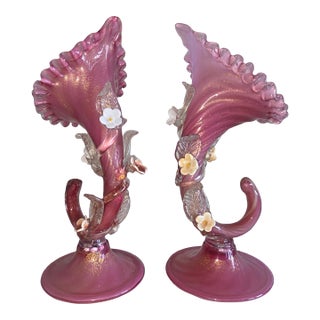 Vintage Pair of Gold Fleck and Pink Glass Cornucopia Vases For Sale