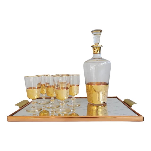 Glass Carafe with Liqueur Glasses and Reflection Tray, 1950s, Set of 8 For Sale