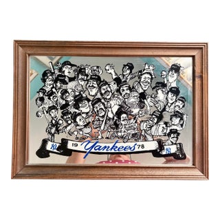 Vintage New York Yankees Mirror 1978 – Framed Team Caricature Wall Decor – 20 5/8” X 14 1/2” – Ready to Hang For Sale