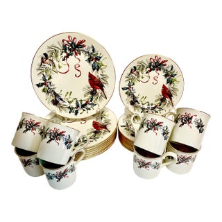 1990s Vintage Americana Arts & Crafts Boho Chic Christmas Lenox Winter Greetings Dinnerware - Set of 24, Service for 8 For Sale