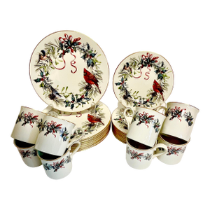 1990s Vintage Americana Arts & Crafts Boho Chic Christmas Lenox Winter Greetings Dinnerware - Set of 24, Service for 8