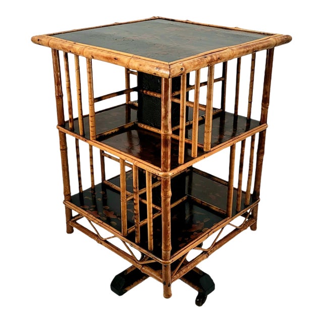 Antique 19th Century Edwardian Japanned Pyro Bamboo Revolving Library Bookcase For Sale