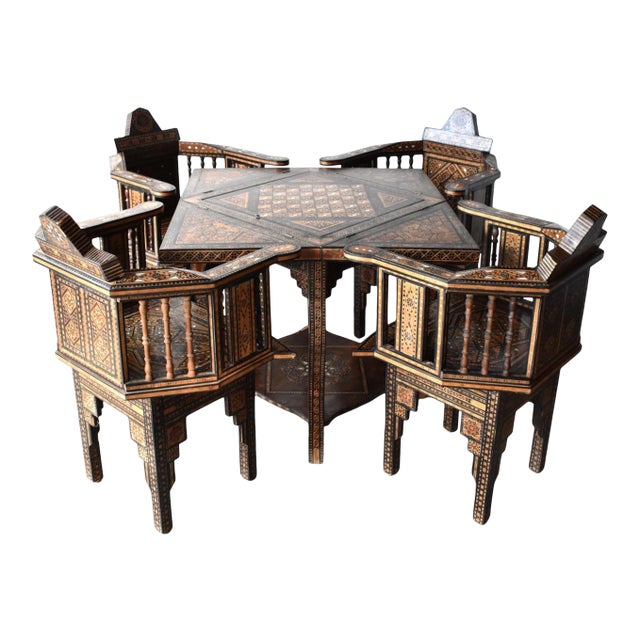 Antique Syrian Marquetry Inlay Card Table and 4 Chairs For Sale