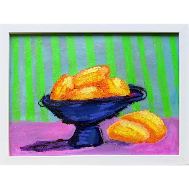 This original contemporary still life painting features a vibrant bowl of lemons rendered in expressive, textured acrylic...