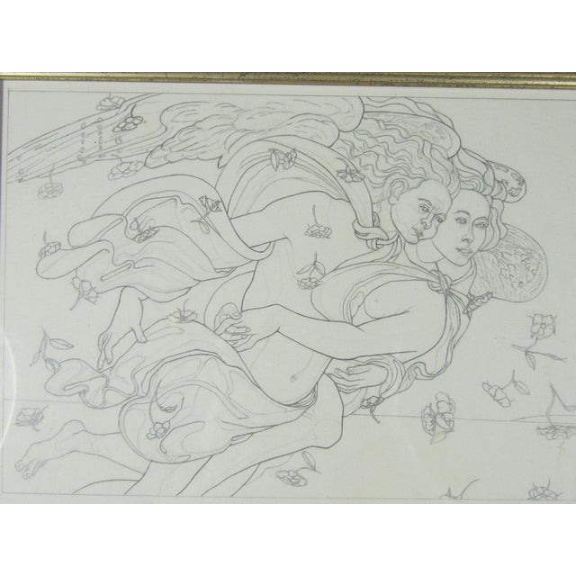 Unsigned pencil drawing of two people holding onto each other as they fly through the wind. The image measures 7 1/2" x 10...