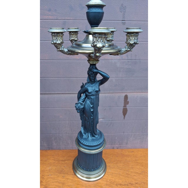 Paul Hanson Mid 20th Century Pair P Hanson Attributed Napoleon III Gilt and Patinated Bronze Figural Five-Arm Candelabra Lamps For Sale - Image 4 of 16