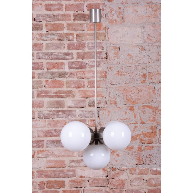 Silver Mid-Century Modern Chandelier in Chromed Steel and Opaline Glass, Czech, 1960s For Sale - Image 8 of 10