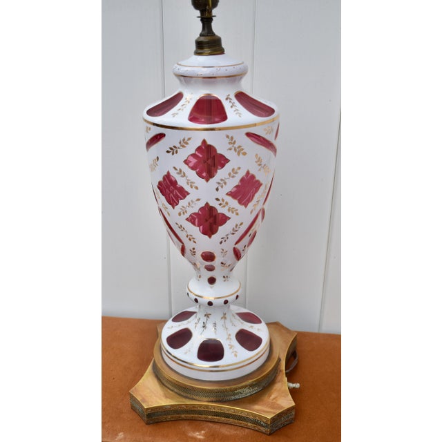 Glass Cranberry Glass and Brass Lamp Vintage Table Bohemian Czech Hand Painted For Sale - Image 7 of 18