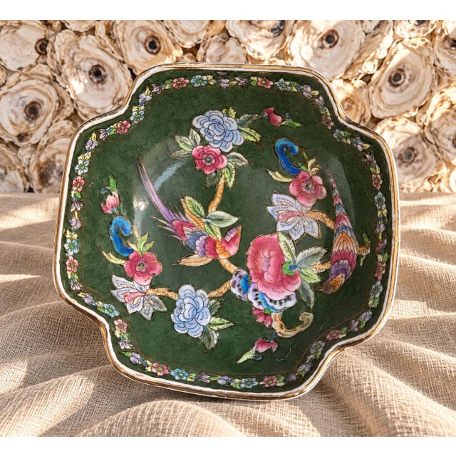Vintage Chinoiserie Floral Porcelain Bowl | Dark Green Famille Rose ...