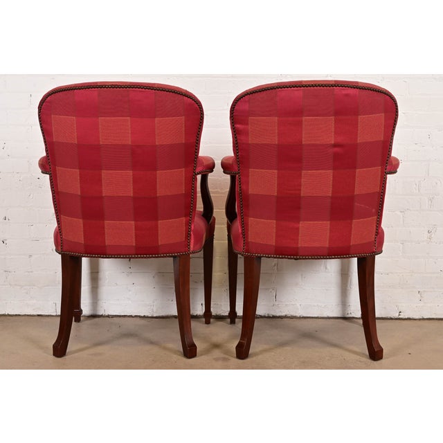 Baker Furniture English Regency Carved Mahogany Upholstered Armchairs or Dining Captain Chairs, Pair For Sale - Image 11 of 13