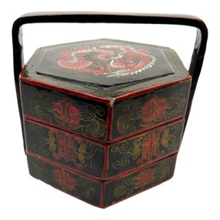 Early Mid Century Traditional Hand Crafted Red, Black, and Gold Lacquered Solid Wood Bento Storage Box For Sale