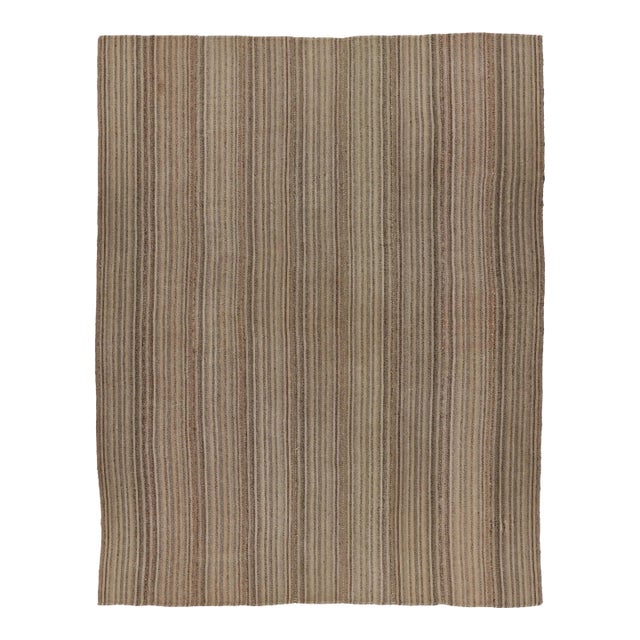 Rug & Kilim’s Modern Rez Flatweave Kilim in Brown Textural Stripes For Sale